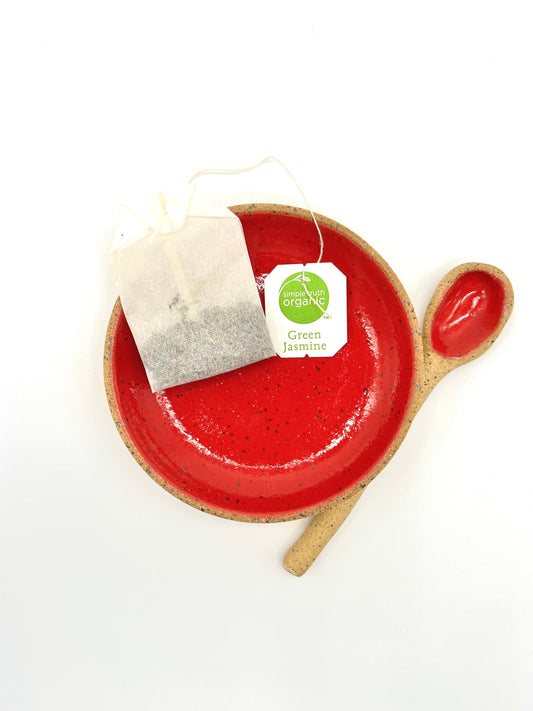 Tea Bag/Spice/Trinket Dish & Hand-built Spoon - Red Speckle